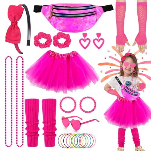 80er Jahre Kostüm für Mädchen, 26-teiliges 1980er Jahre Kostüm Zubehör Set für Mädchen Kinder Neon Party Outfit Rosa Tutu Rock Fischnetz Handschuhe Beinstulpen Stirnband Ohrringe Armbänder Halsketten von Carreuty