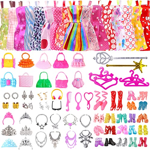 96 PCS Puppenkleidung und Zubehör Set für Puppen 16 Kleider 10 Handtasche 20 Paar Schuhe 30 Schmuck Zubehör Mode Outfits Halskette Spiegel Ohrring Krone Aufhänger für 11.5 Zoll Mädchen Puppe von Carreuty