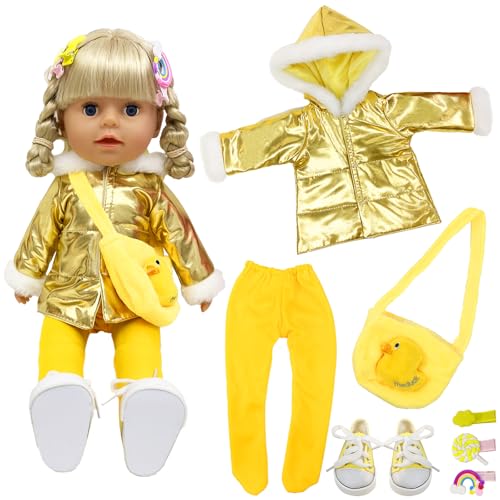 Puppenkleidung für 14-17 Zoll Baby Puppen, Baby Kleidung mit Schneeanzug Hose Taschen Schuhe Haarspangen, Gelb Kleidung Bekleidung Outfits für 35-45 cm Neugeborene Baby Puppen für Jungen und Mädchen von Carreuty