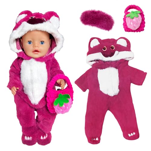 Puppenkleidung für 12-18 Zoll Baby Puppen, Cartoon Bär Puppenkleidung Outfits mit Erdbeertaschen und Augenklappe für 30-45 cm Puppenkleidung, Baby Puppen Kleidung für Mädchen Geburtstag Geschenk von Carreuty