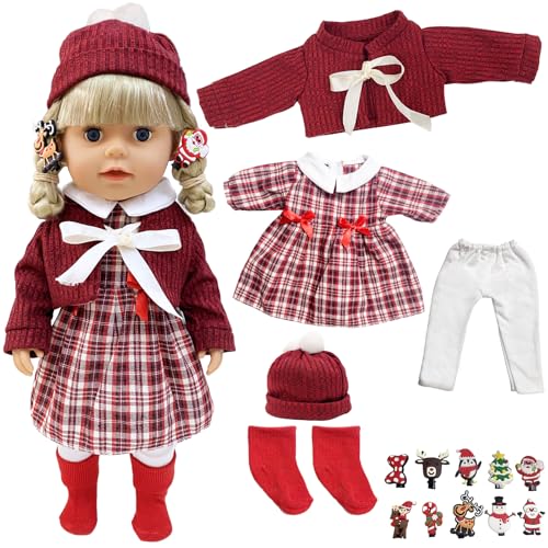 Babypuppenkleidung für 14 Zoll 16 Zoll 17 Zoll Puppe 35-43 cm Born Baby Doll 15 Pcs enthalten Weihnachten Plaid Kleid Jacke Hut Hose Socken 10 Haarspangen für Neugeborene Babypuppen Mädchen von Carreuty