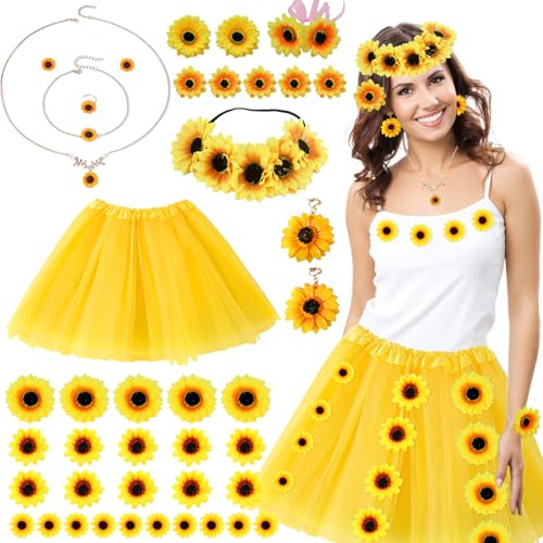 Sonnenblumen Kostüm Damen, 40 Stück Sonne Blumen Kostüm Damen mit Tüllrock Anhänger Ohrringe Haar Accessoire, Sonnenblumen Kostüm für 70er, 80er Jahre Karneval Halloween Fasching Mottoparty Cosplay von Carreuty