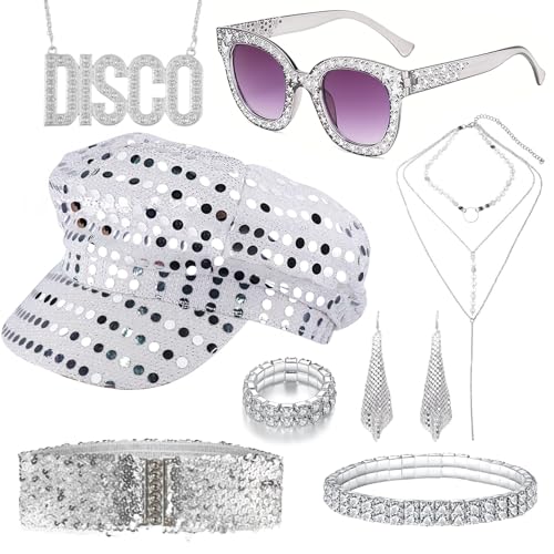 8 Stück 70s Disco Accessoires, 70er jahre Kostümzubehör mit Pailletten Hut Sonnenbrille Ohrringe Armband Gürtel 1970s retro Hippie Kostüm für Karneval Thema Party Silvester Outfit von Carreuty