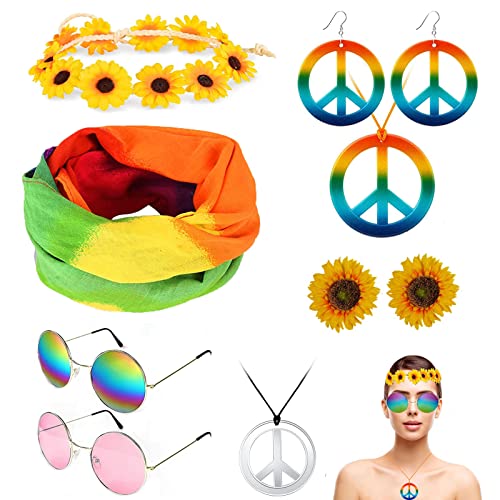 8 Stück Hippie Accessoires, Hippie Kostüm Set mit Bunte Haarband Sonnenblume Girlande Armband Halskette Ohrringe Friedenszeichen Sonnenbrille, Flower Power Accessoires 70er Jahre Bekleidung Damen von Carreuty