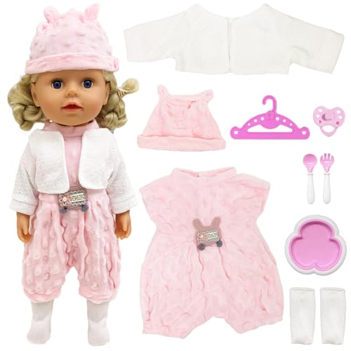 Puppenkleidung für 14-18 Zoll 35-45cm Babypuppe, Süße Puppenkleidung Einteiler Zweiteiliges Outfit mit Mantel Overall Mütze Geschirrset Schnuller Socken Mädchen Geburtstag von Carreuty