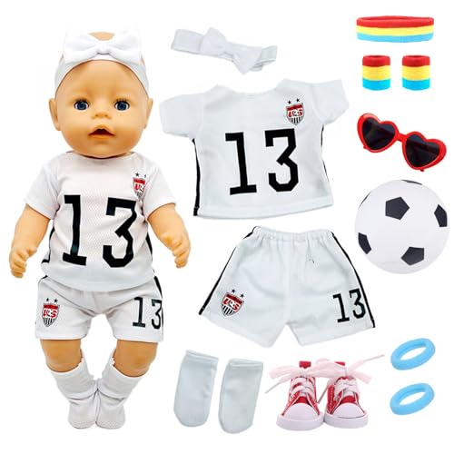 Puppenkleidung für 12-14 Zoll Baby Puppen, 12 Fußball Puppen Kleidung Zubehör mit Shirt Shorts Socken Schuhe Stirnband Haarbänder Bracers Fußball für 30-35 cm Neu Baby Puppe Kleidung Geschenk von Carreuty