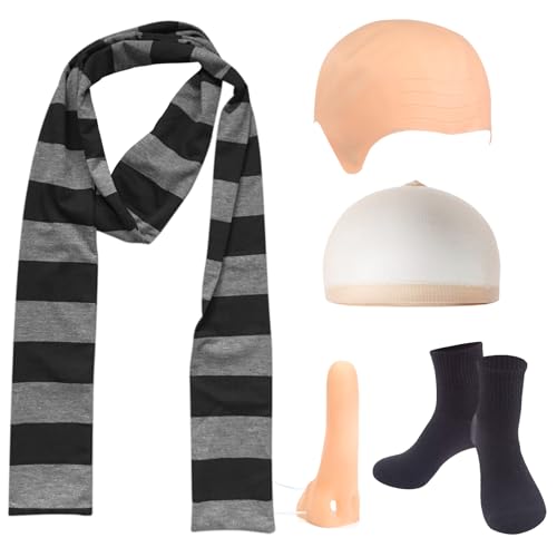 5 Stück Gru-Kostüm Herren Männer, Halloween Kostüme mit Glatzenkappe Falscher Nase Perückenkappe Gestreiftem Schal Schwarzen Socken Komisch Witzig Outfit für Halloween Karneval Mottoparty Kostüm 5 Stück Gru-Kostüm Herren Männer, Halloween Kostüme mit Glatzenkappe Falscher Nase Perückenkappe Gestreiftem Schal Schwarzen Socken Komisch Witzig Outfit für Halloween Karneval Mottoparty Kostüm von Carreuty