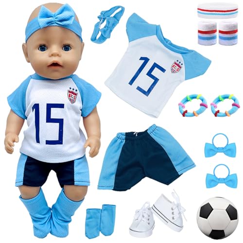 Kleidung Outfits für 14-17 Zoll Baby Puppenkleidung 36-43 cm 13 Stück Enthalten Fußballspiel Bekleidungsset Blaues Haarband Gestreiftes Haarband Handgelenkschoner Set 4 Haarbänder Fußball Schuhe von Carreuty