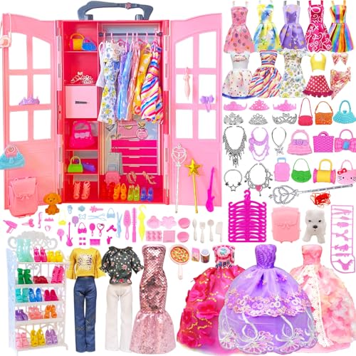 130 Stück Kleidung Zubehör fur 11.5 Zoll Mädchen Puppe, Schrank Schuhregal 15 Garnituren Kleidungsstücke und 113 Accessoires Schuhbügel Tasche Geschenk Puppe Dress Up Spielzeug für Mädchen von Carreuty