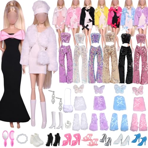 Puppenkleidung 20 Kleidung und Zubehör Kompatibel mit Barbie Gehören 2 Plüsch Fischschwanz Kleid Pailletten Outfit Schmetterlingsrock-Set 8 Schuhe und Schmuck Zubehör in Zufälligem von Carreuty