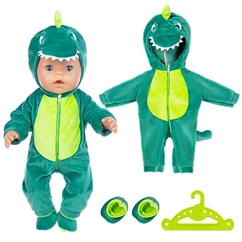 Carreuty Puppenkleidung Puppenkleider Set für 14–17 Zoll Baby Puppen Dinosaurier Jumpsuit mit Kapuze, Socken und Kleiderbügel Puppenzubehör für 36-43 cm Baby Puppen (Keine Puppe) von Carreuty