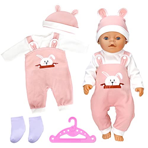 Puppenkleidung Puppenkleider Set für 14–17 Zoll Baby Puppen mit Hüte T-Shirts Latzhosen Socken Kleiderbügel Puppenzubehör für 36-43 cm Baby Puppen (Keine Puppe) Rosa von Carreuty