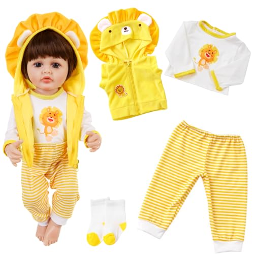 Puppenkleidung Set für Baby Puppen 50-55cm New Born Puppen Niedlicher Löwe Jumpsuit mit Jacken Oberteile Hosen und Socken Kleiderbügel Puppenzubehör Puppen Wickeltisch für Jungen und Mädchen 20-22inch von Carreuty