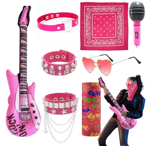 Rockstar-Kostüm-Set, Rockstar-Kostüm, Rockstar-Kostüm, Rockstar-Kostüm, aufblasbares Gitarren-Set für Jungen und Mädchen, 80er-Jahre, Disco-Party, Punk, Rockstar-Kostüm, 8-teilig von Carreuty