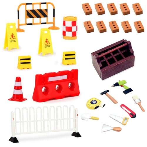 Wichtel Zubehör Baustelle 28 Stück Wichtel Baustelle Set Mini Holz Werkzeugkiste, Mini Straßensperre, Mini Simulation Ziegel Mini-Straßenschilder Verkehrskegel für Kinder Wichteltür Baustelle von Carreuty