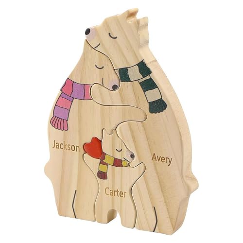 Personalisiertes Bär Familiennamen Puzzle, benutzerdefinierte Holz Weihnachtsbären Familienpuzzles mit 2-6 Namen, niedlicher Bär mit Schal, Skulptur dekorativ, Geschenke für Mama und Papa Geburtstag, von Carroterr