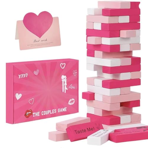 Pink Lust Tower Spiel, Super Naughty Block Tower Spiel, Valentine Tumbling Tower Stapelblöcke, Paarspiele, freches Holzspiel für Date-Nacht-Ideen, stapelbarer Holzblock G AME für Liebhaber, 54 Stück von Carroterr