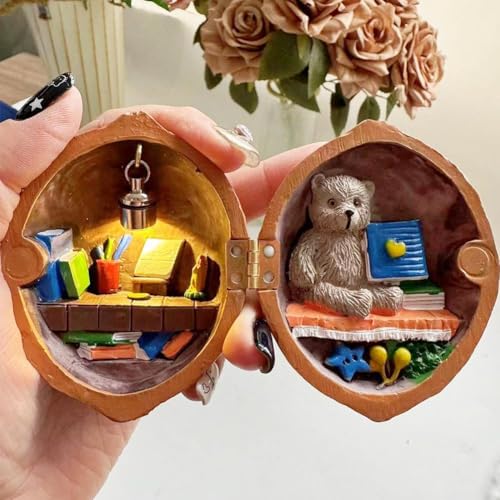 Walnusshuschel-Puppenhaus, handgefertigtes Walnuss-Muschel-Puppenhaus, kleine Welt im Inneren von Walnüssen, 3D-Walnusspuppenhaus, Miniatur-Buchladen, Mini-Bibliothek, Ornament, Geschenk für Kinder von Carroterr