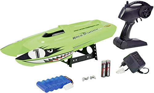 Carson 500108025 – Race Shark FD 2.4G 100% RTR, ferngesteuertes Boot für Kinder ab 8 Jahren, RC Boot,RC Boot RTR,bis zu 25 km/h, 100% RTR (Ready to Run), mit 2.4 GHz Fernbedienung, grün von Carson