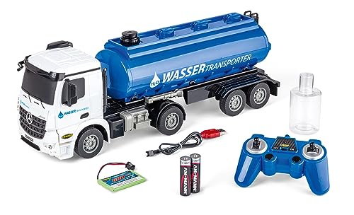 Carson 500907665 1:26 MB Arocs Wassertransporter 100% RTR - Ferngesteuertes Fahrzeug, Lastwagen mit Funktionen Licht und Sound, inkl. Batterien und Fernsteuerung, 60 Minuten Fahrzeit, Blau von Carson