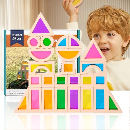 Cartlant 25 Stück Holzbausteine Montessori Spielzeug, Regenbogen Fensterbausteine Holz Acryl Bauklötze Bausteine, Kinder Spielsteine Sortier Stapelspielzeug Vorschulgeschenke Sensorik Bausteine von Cartlant