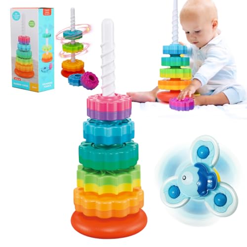 Cartlant Stapelturm Bunte mit Saugnapf Spielzeug Baby, Steckturm Motorik Kreative Pyramide Turm 5 Scheiben, Twisted Baby Steckspielzeug mit Spiralgewinde Kleinkind Ringstapelturm für Kinder von Cartlant