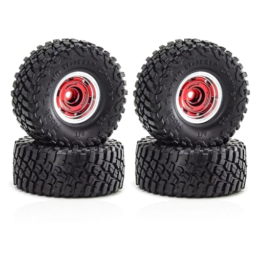 4 Stück 2,5 cm Aluminium-Felge Gummi Crawler Reifen Rock Terrain Räder Reifen ø57 x 24 mm RC Ersatzteile für SCX24 FMS24 TRX4M 1/18 1/24 RC Kletterauto, Typ A, Rot von Caruner