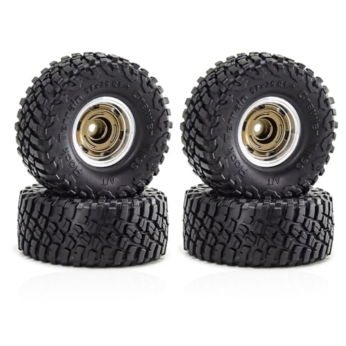 4 Stück 2,5 cm Aluminium-Felge Gummi Crawler Reifen Rock Terrain Räder Reifen ø57 x 24 mm RC Ersatzteile für SCX24 FMS24 TRX4M 1/18 1/24 RC Kletterauto, Typ A-Kupfer von Caruner