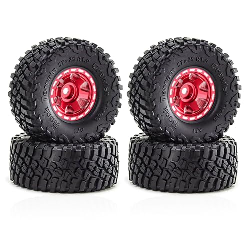 4 Stück 2,5 cm Aluminium-Felge Gummi Crawler Reifen Rock Terrain Räder Reifen ø57 x 24 mm RC Ersatzteile für SCX24 FMS24 TRX4M 1/18 1/24 RC Kletterauto, Typ B, Rot von Caruner