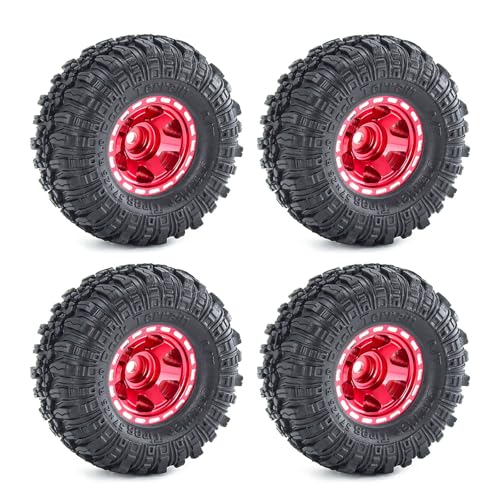 4 Stück 2,5 cm Aluminium-Felge Gummi Crawler Reifen Rock Terrain Räder Reifen ø57 x 24 mm RC Ersatzteile für SCX24 FMS24 TRX4M 1/18 1/24 RC Kletterauto, Typ C Rot von Caruner