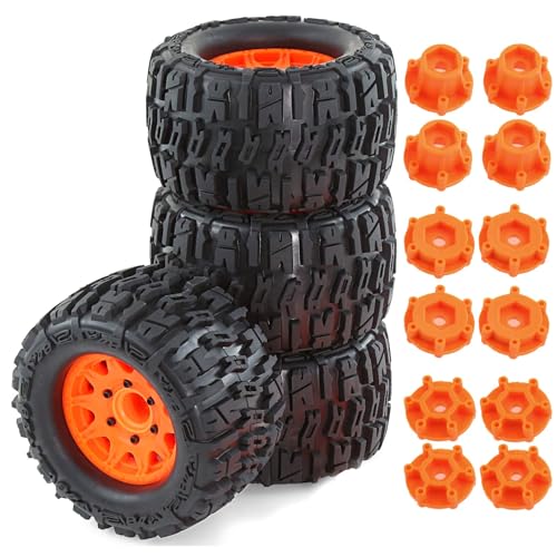 4 Stück Gummi-Bigfuß-Räder, 125 x 70 mm, mit austauschbarem 12 mm 14 mm Sechskant-Adapter, RC-Teile für 1/10 Traxxas Arrma FS MJX ZD Racing RLAARLO RC Car (Orange) von Caruner