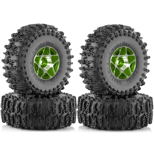 4 Stück Metallfelge Gummi Crawler Reifen Räder 63 x 24 mm Sechskant Größe 7 mm RC Ersatzteile für 1/18 1/24 T4-M SCX24 FMS FCX24 Crawler RC Kletterauto (grün) von Caruner