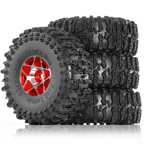 4 Stück Metallfelge Gummi Crawler Reifen Räder 63 x 24 mm Sechskant Größe 7 mm RC Ersatzteile für 1/18 1/24 T4-M SCX24 FMS FCX24 Crawler RC Kletterauto (rot) von Caruner