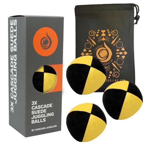 3 x Pro 110 g Cascade Wildleder-Jonglierbälle – Qualität Thud Jonglierbälle & Tasche – Set mit 3 Anfänger-Jonglierbällen (Gelb/Schwarz) von Cascade Juggling