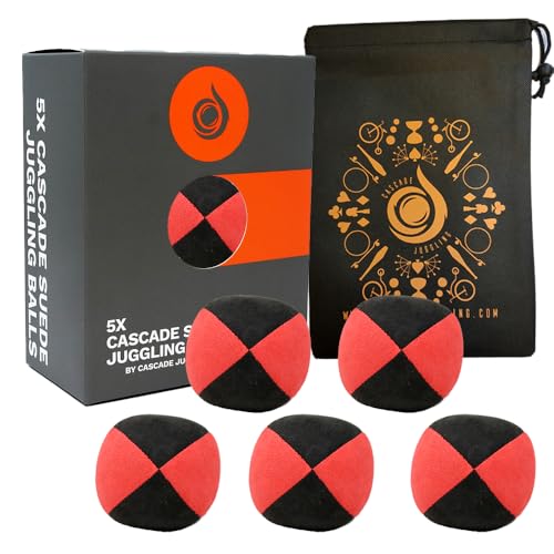 Cascade Juggling 5 x Pro 110 g Cascade Jonglierbälle aus Wildleder – hochwertige Thud Jonglierbälle & Tasche – Set mit 5 Jonglierbällen (rot und schwarz) von Cascade Juggling