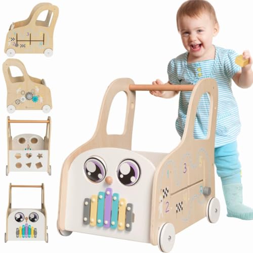 Cateam Lauflernwagen Baby mit rädern - Holzspielzeug mit Lauflernhilfe, Motorikwürfel und Gehfrei - Montessori Spielzeug Busy Board - Push & Pull Lauflernspielzeug mit Aufbewahrung Körb, Babyschieber von Cateam