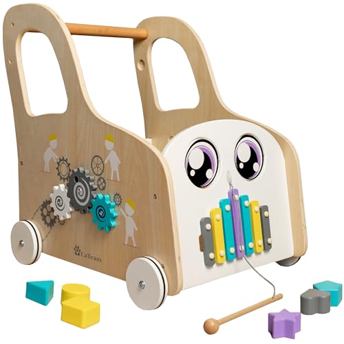 Cateam Lauflernwagen Baby mit rädern - Holzspielzeug mit Lauflernhilfe, Motorikwürfel und Gehfrei - Montessori Spielzeug Busy Board - Push & Pull Lauflernspielzeug mit Aufbewahrung Körb, Babyschieber von Cateam