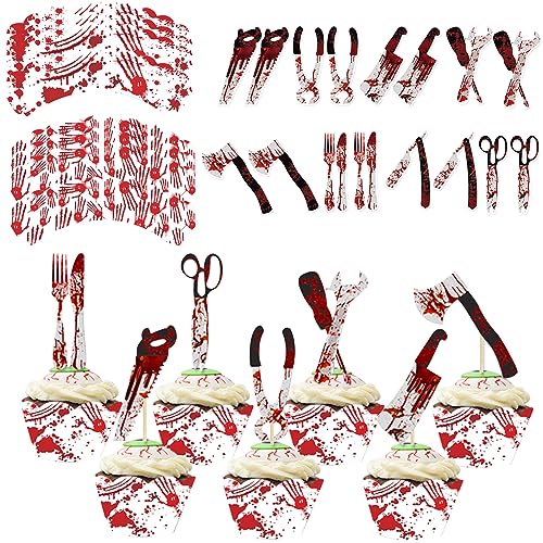 Catelves 16 Stück Tortendeko Halloween Cupcake Toppers Wrappers, Falsches Messer und Gabel Muffins Deko, Halloween Kuchen Dekoration, Horror Cupcake Wrappers, für Halloweendeko Themed Horror Party Catelves 16 Stück Tortendeko Halloween Cupcake Toppers Wrappers, Falsches Messer und Gabel Muffins Deko, Halloween Kuchen Dekoration, Horror Cupcake Wrappers, für Halloweendeko Themed Horror Party von Catelves