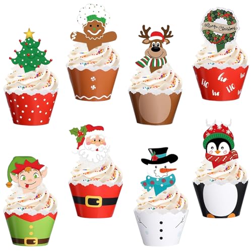 Catelves 24 Stück Weihnachten Tortendeko Merry Christmas, Weihnachten Cupcake Topper, Deko Kuchen Weihnachtskuchen Dekoration, Weihnachten Deko Torte, Santa Claus Schneemann Rentier Weihnachtsbaum von Catelves