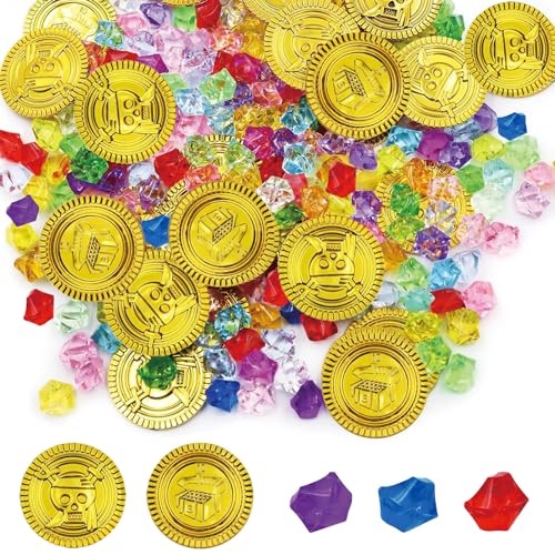 Catelves Goldmünzen Piratenschatz Set 150 Stück,50 Goldmünzen Schokolade und 100 Edelsteine für Kinder, Goldtaler Piratenschatz, Goldmünzen Kinder, für Schatzkiste Kindergeburtstag, Piratenparty von Catelves