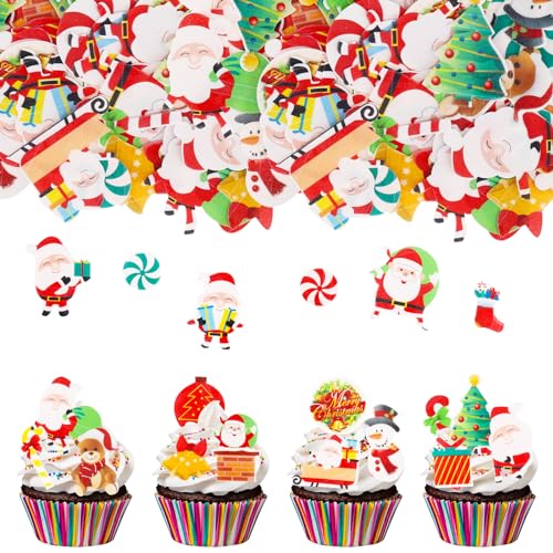 Catelves 60 Stück Weihnachten Essbare Tortendeko,Weihnachten Cupcake Topper,Deko Kuchen Essbar Weihnachtskuchen Dekoration,Weihnachten Deko Torte,Santa Claus Muffin Deko,Frohe Weihnachten Tortendeko von Catelves