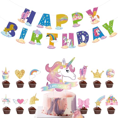 Catelves Einhorn Deko Torte, Einhorn Kuchendeko,Einhorn Tortendeko, Einhorn Muffin Deko,Einhorn Happy Birthday Banner,Einhorn Geburtstagsdeko,Einhorn Deko Kindergeburtstag für Einhorn Party Geburtstag von Catelves