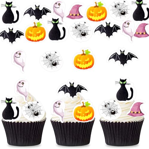 Catelves Essbare Halloween Tortendeko,48 Stück Halloween Kuchen Deko Essbar,Halloween Cupcake Topper,Essbare Geist Kuchendeko,Halloween Muffin Deko Essbar,Essbare Deko Halloween Fledermaus Spinnennetz von Catelves