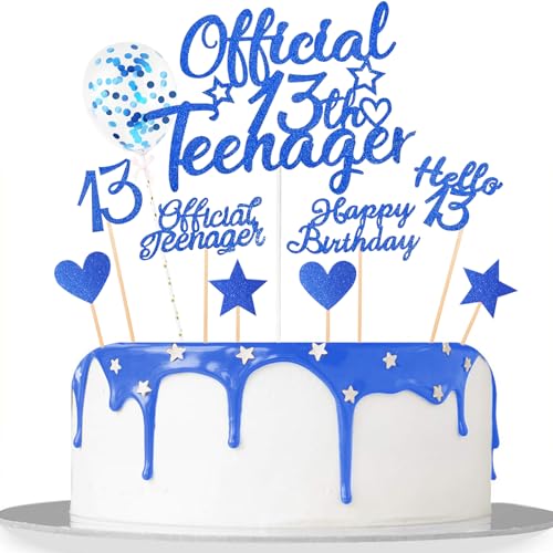 Catelves Glitzer Deko 13. Geburtstag Mädchen Teenager, 13 Geburtstag Jungen Mädchen, Official Teenager Mädchen Deko, Hello 13 Cupcake Toppers, Official 13th Birthday Cupcake Topper Blau von Catelves