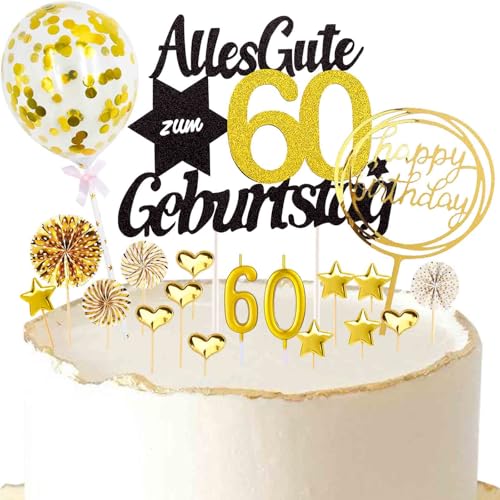 Catelves Tortendeko 60 Geburtstag Mann Frau,19 Stück Cake Topper 60 Geburtstag Deko,Glitzer Kuchendeko 60 Geburtstag Frau,Alles Gute zum 60 Geburtstag Torte Deko mit Geburtstagskerzen Stern Herz von Catelves