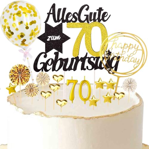 Catelves Tortendeko 70 Geburtstag Frau Mann,19 Stück Cake Topper 70 Geburtstag Deko,Glitzer Kuchendeko 70. Geburtstag Frau,Alles Gute zum 70 Geburtstag Topper mit Geburtstagskerzen 70 Schwarz Gold von Catelves