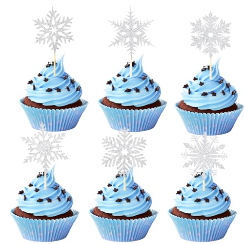 Catelves Schneeflocken Cupcake Topper,24 Stück Schneeflocke Tortendeko,Frozen Tortendeko,Silber Schneeflocken Kuchen Deko,Glitzer Winter Muffin Deko,Frozen Cake Topper für Weihnachten Geburtstag von Catelves