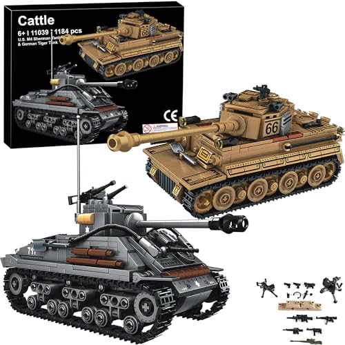 WW2 Armee Tank Spielzeug Bausteine Kit, Deutscher Tiger und amerikanischer M4 Sherman Tank Modelle 1184 Blöcke, Militär Spielzeug, Geschenk für Jungen Kinder und Jugendliche Alter 6-14 von Cattle