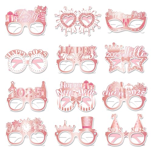 CavspkArt 12 Stück 2025 Silvester Brille Decoration Happy New Year Lustig Papier Partybrille Rose Gold 2025 Neujahr Party Zubehör Foto Requisiten Brillen für Silvester Party Dekoration von CavspkArt