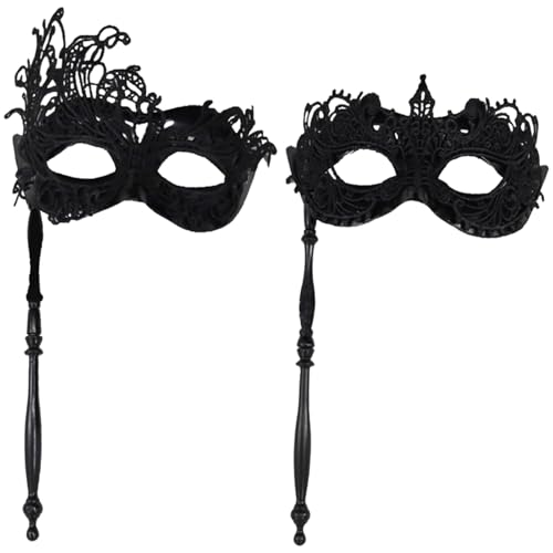 Mysteriöse Maskenmasken mit Stab, schwarze Maskenmasken mit Spitze, venezianische Augenmaske für Damen und Herren, Karnevalsparty-Maske, venezianische Partymaske für Cosplay, Abschlussball, Halloween, von CavspkArt